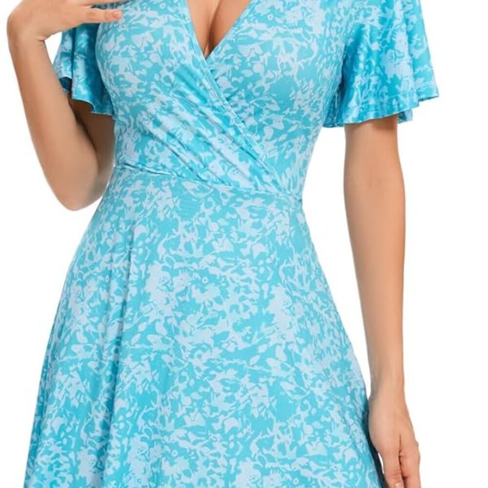 Women Casual Floral Sundress V-Neck Short Sleeve Wrap for Summer Vacation